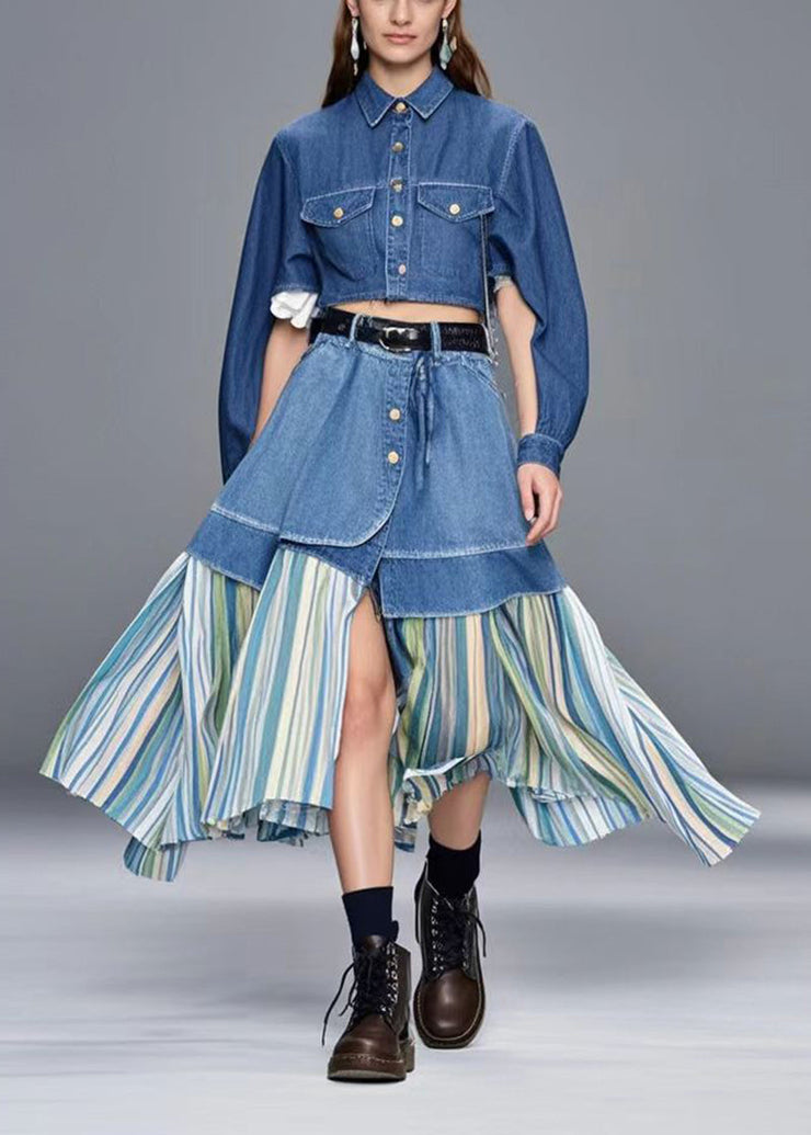 Casual Blue Side Open Patchwork Striped Denim Skirt Spring