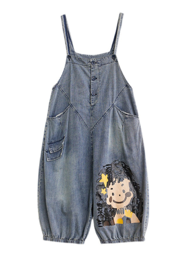 Casual Blue Slash Neck City Girl Denim Jumpsuit Summer