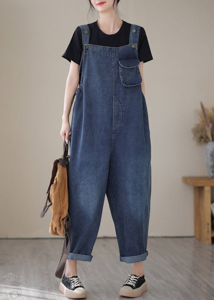 Casual Blue Slash Neck Patchwork Button Denim Jumpsuit Summer