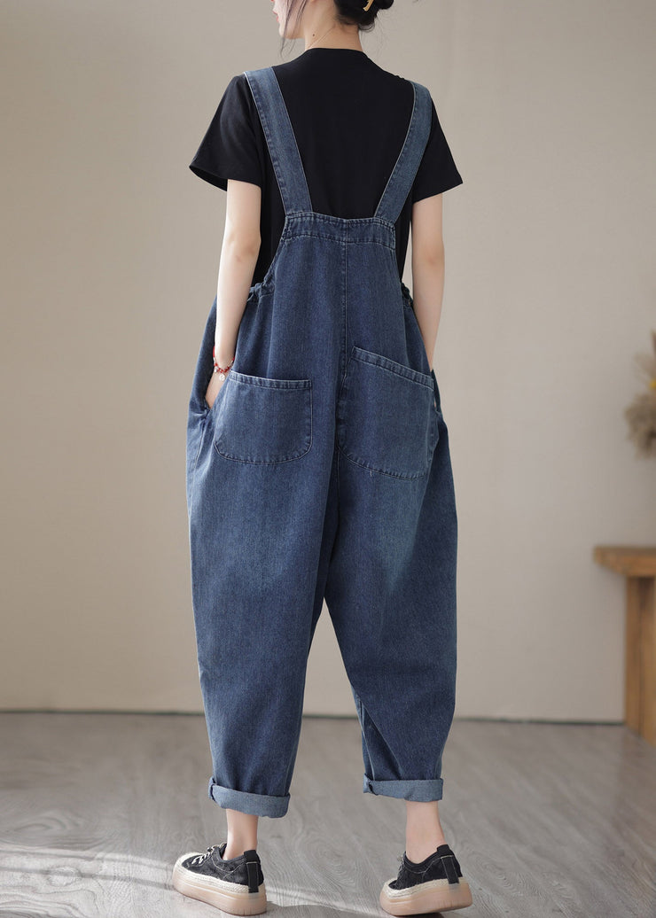 Casual Blue Slash Neck Patchwork Button Denim Jumpsuit Summer