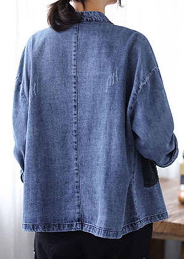 Casual Blue Stand Collar Patchwork Button Denim Coats Spring