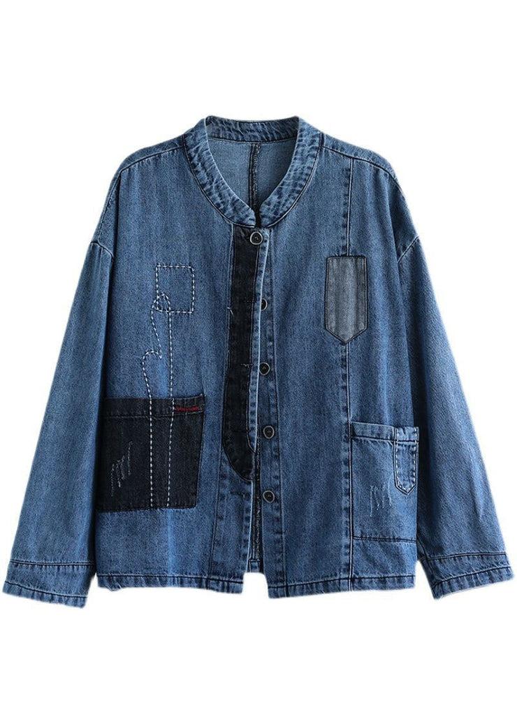 Casual Blue Stand Collar Patchwork Button Denim Coats Spring