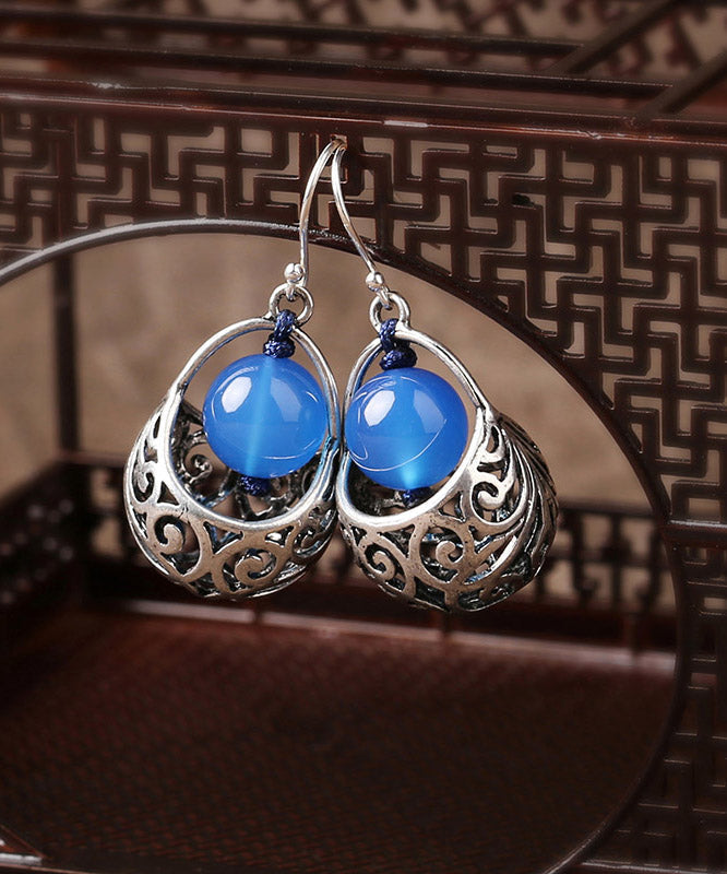 Casual Blue Sterling Silver Agate Hoop Earrings