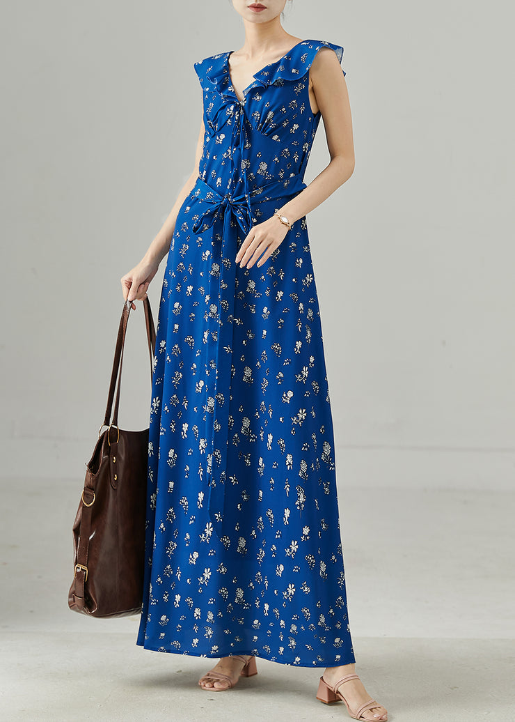 Casual Blue Tie Waist Print Chiffon Party Dress Sleeveless