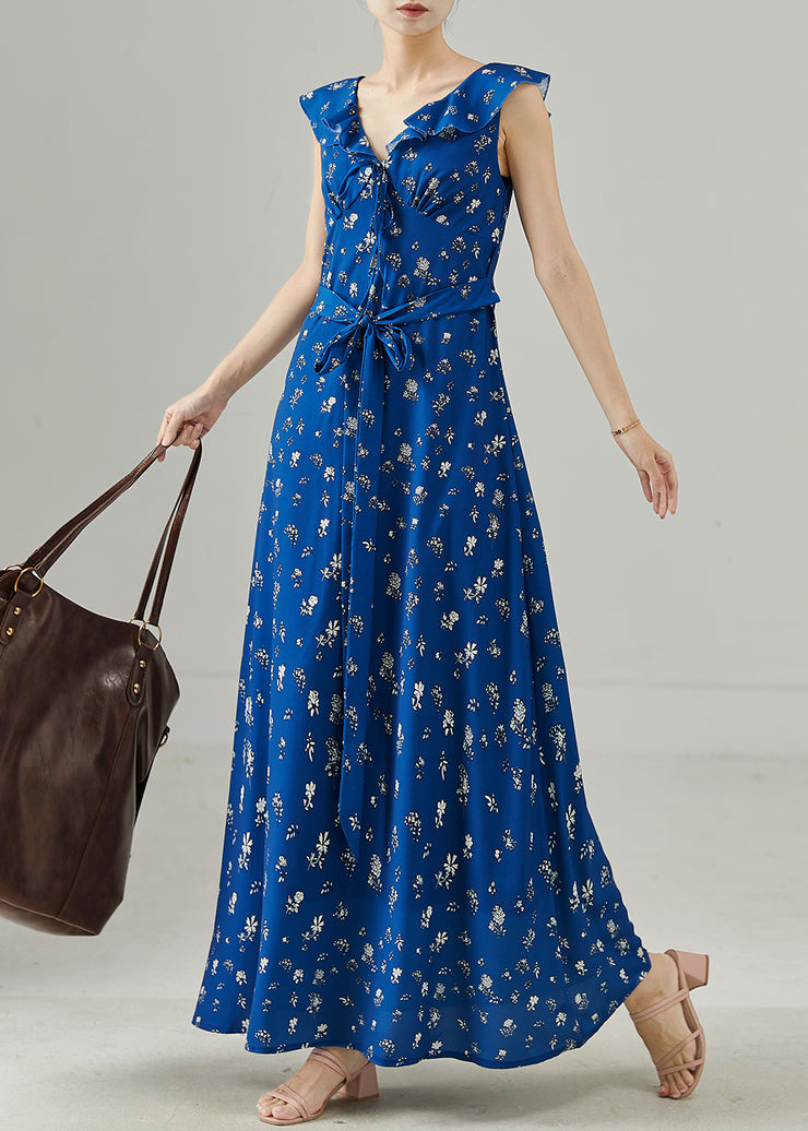 Casual Blue Tie Waist Print Chiffon Party Dress Sleeveless