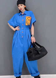 Casual Blue Turn-down Collar Drawstring Smile Applique Button Cotton Overalls Jumpsuit Short Sleeve