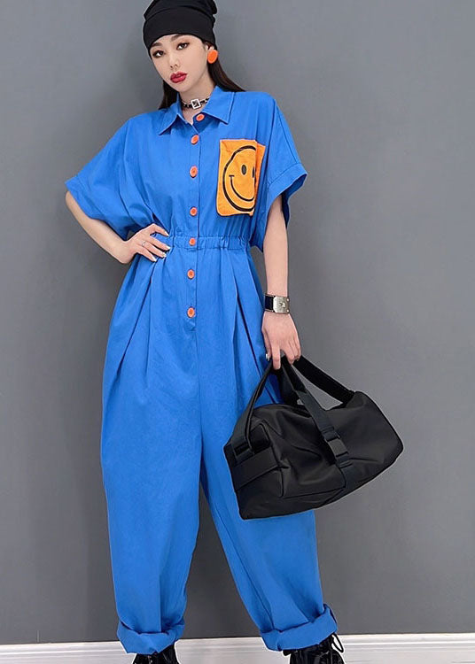 Casual Blue Turn-down Collar Drawstring Smile Applique Button Cotton Overalls Jumpsuit Short Sleeve