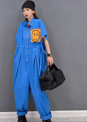 Casual Blue Turn-down Collar Drawstring Smile Applique Button Cotton Overalls Jumpsuit Short Sleeve