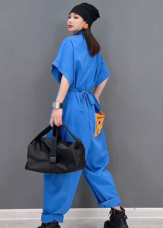 Casual Blue Turn-down Collar Drawstring Smile Applique Button Cotton Overalls Jumpsuit Short Sleeve