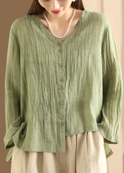 Casual Blue V Neck Button Wrinkled Linen Top Long Sleeve