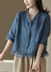 Casual Blue-print1 V Neck Embroideried Solid Ramie Shirt Half Sleeve