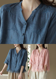 Casual Blue-print1 V Neck Embroideried Solid Ramie Shirt Half Sleeve