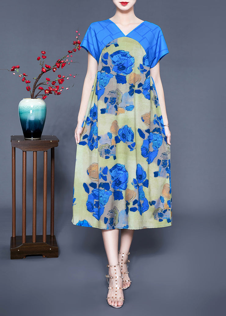 Casual Blue V Neck Patchwork Print Silk Holiday Dress Summer