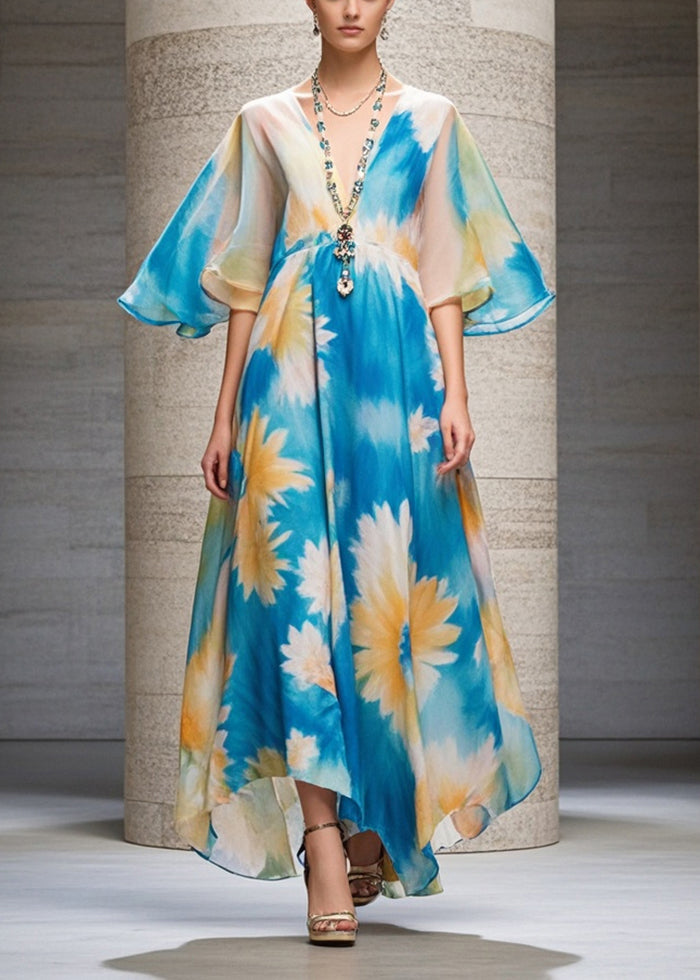 Casual Blue V Neck Print Chiffon Long Dress Summer