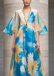 Casual Blue V Neck Print Chiffon Long Dress Summer