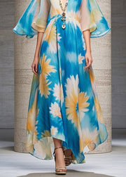 Casual Blue V Neck Print Chiffon Long Dress Summer