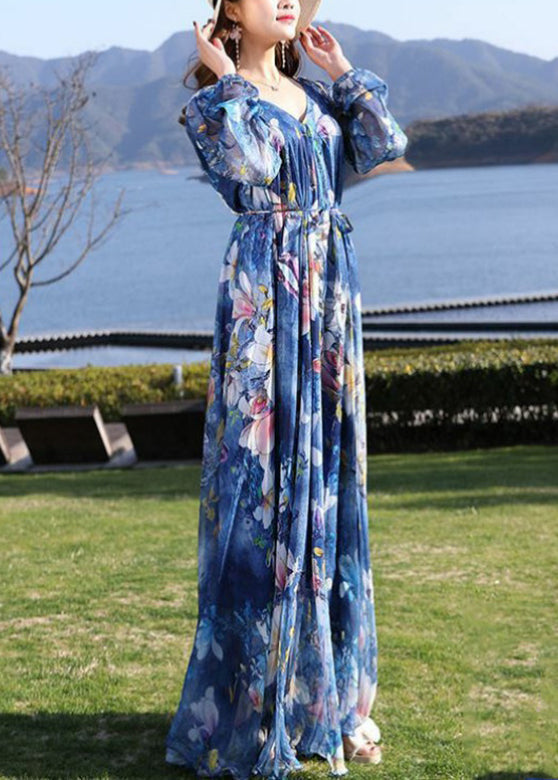 Casual Blue V Neck Print Tie Waist Chiffon Long Dress Long Sleeve