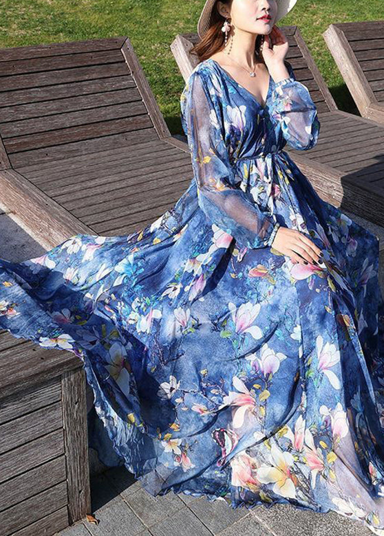 Casual Blue V Neck Print Tie Waist Chiffon Long Dress Long Sleeve