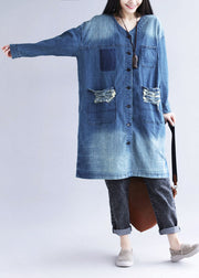 Casual Blue V Neck Ripped Pockets Print Cotton Denim Trench Spring