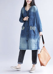 Casual Blue V Neck Ripped Pockets Print Cotton Denim Trench Spring