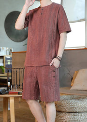 Casual Brick Red Striped Mens T Shirt And Shorts Two Pieces Set Summer