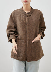 Casual Brown Chinese Button Pockets Cotton Coats Spring