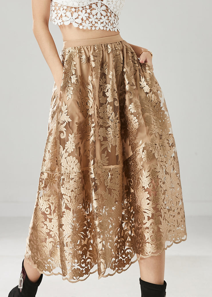 Casual Brown Embroidered Tulle A Line Skirts Spring