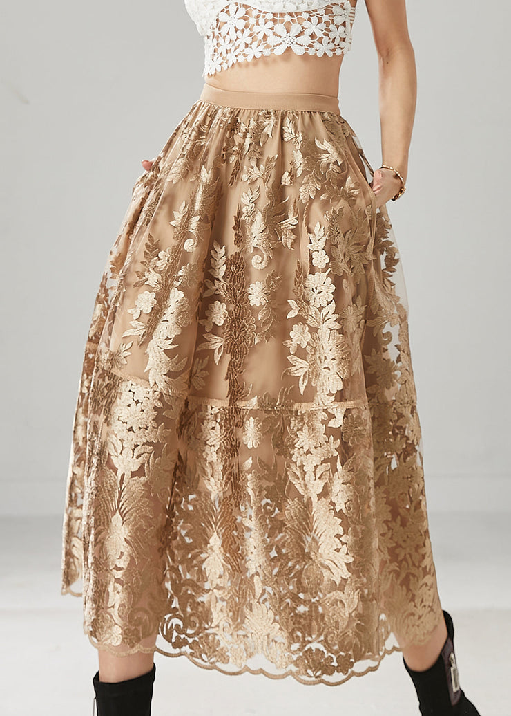 Casual Brown Embroidered Tulle A Line Skirts Spring