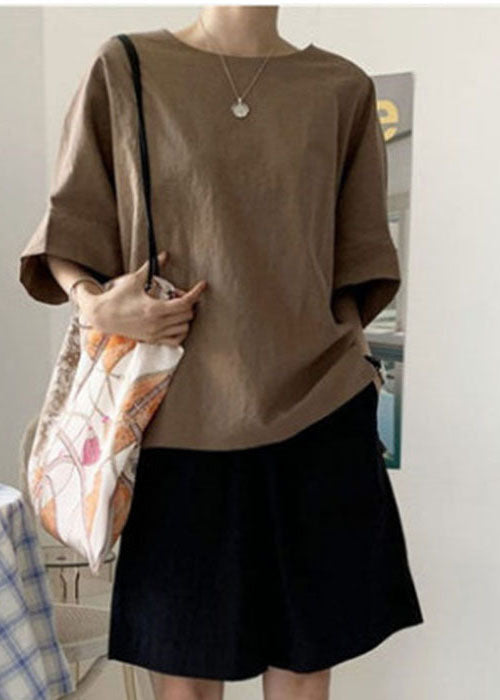 Casual Brown O-Neck Oversized Side Open Cotton Tank Half Sleeve