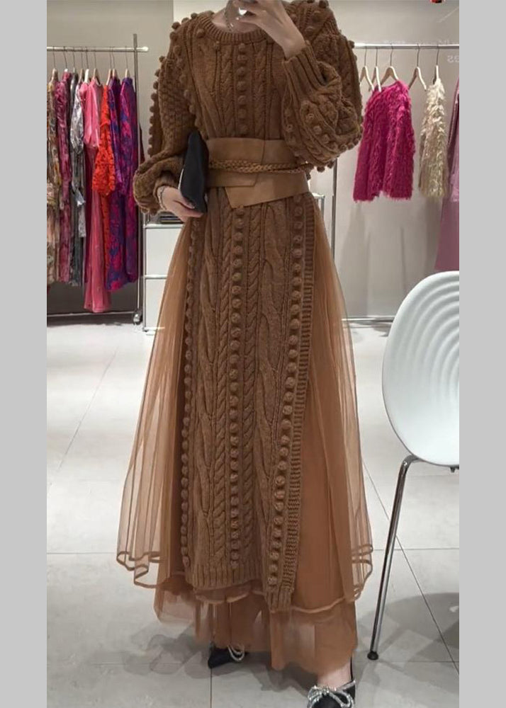 Casual Brown O-Neck Tie Waist Tulle Patchwork Knit Long Dress Fall