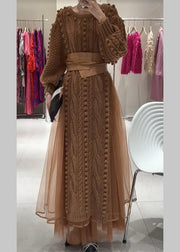 Casual Brown O-Neck Tie Waist Tulle Patchwork Knit Long Dress Fall