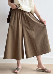 Casual Brown Pockets Elastic Waist Cotton Crop Wide Leg Pants Summer