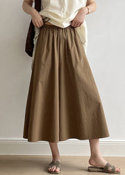 Casual Brown Pockets Elastic Waist Cotton Crop Wide Leg Pants Summer