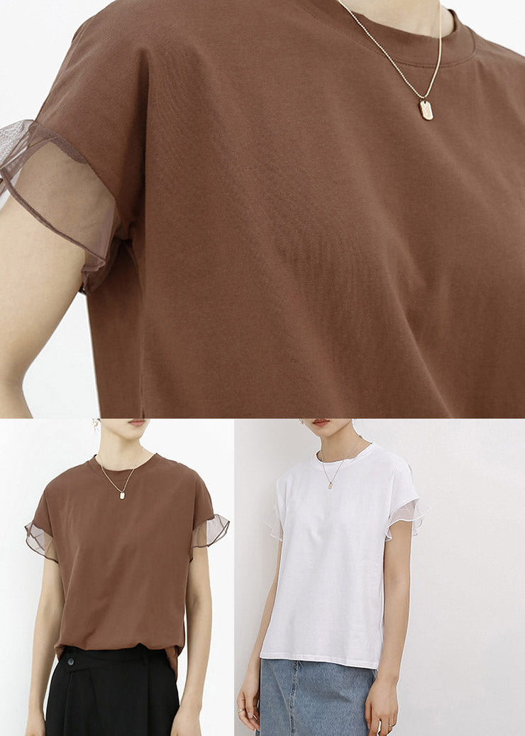 Casual Brown Tulle Patchwork Cotton T Shirt Summe