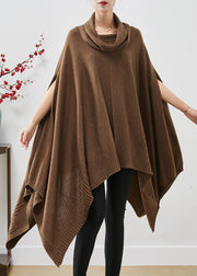 Casual Brown Turtle Neck Asymmetrical Exra Large Hem Knit Sweater Dress Cloak Sleeves