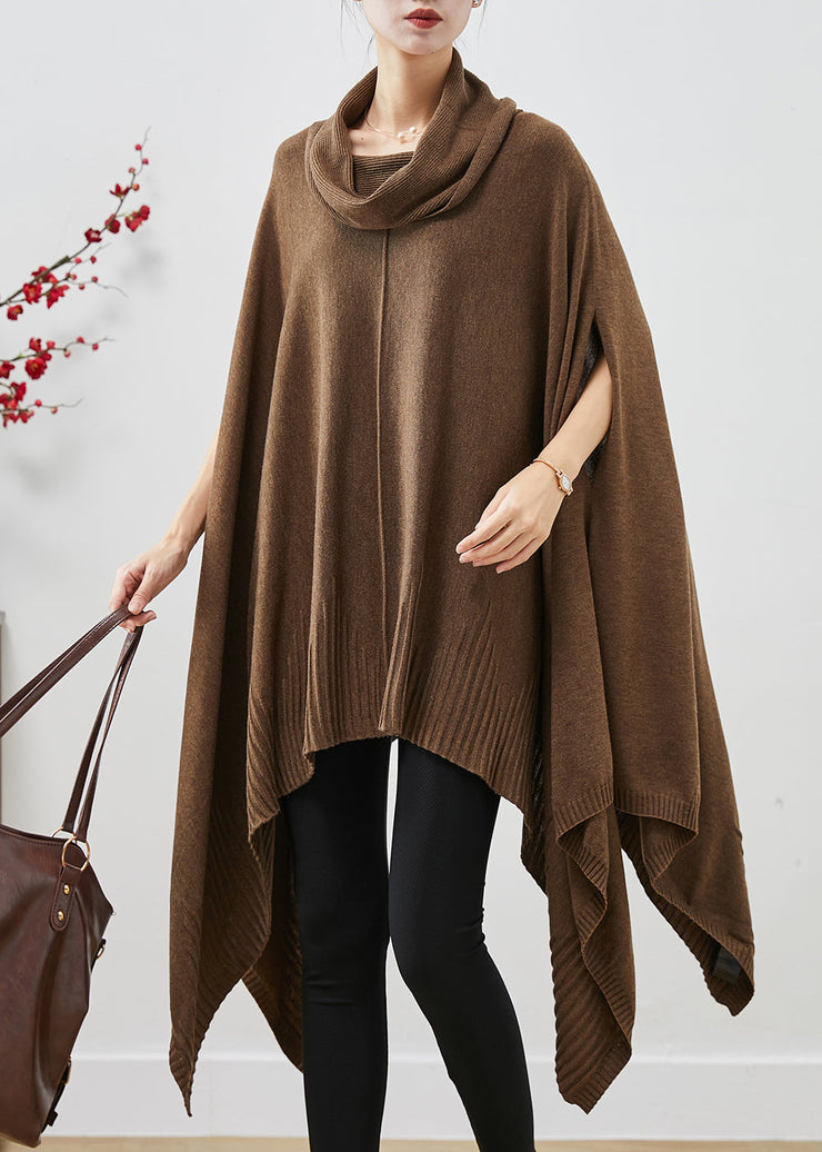 Casual Brown Turtle Neck Asymmetrical Exra Large Hem Knit Sweater Dress Cloak Sleeves