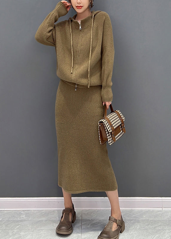 Casual Brown Zippered Hooded Knit Sweaters And Maxi Skirts Two Piece Set Winter