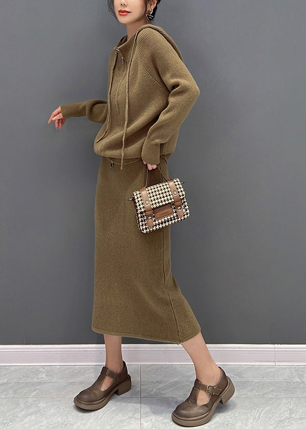 Casual Brown Zippered Hooded Knit Sweaters And Maxi Skirts Two Piece Set Winter