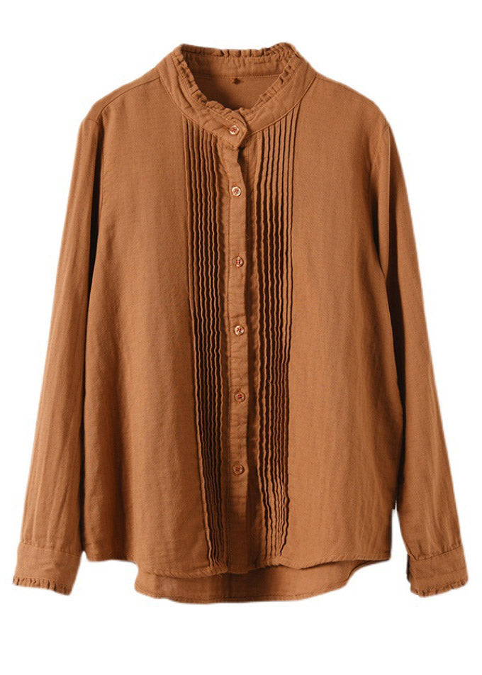 Casual Caramel Stand Collar Button Cotton Shirt Long Sleeve