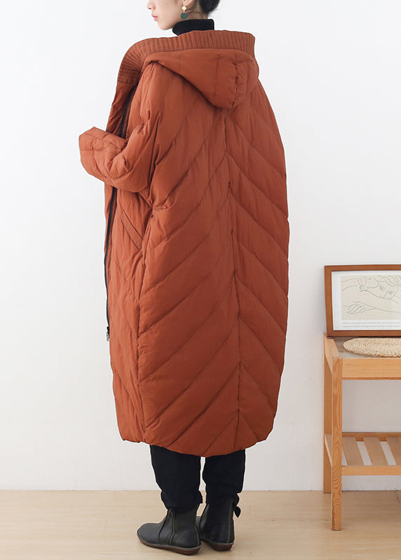 Casual Caramel Zippered Button Pockets Hooded Down Coat Long Sleeve