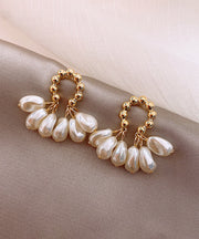 Casual Champagne Alloy Pearl Hoop Earrings