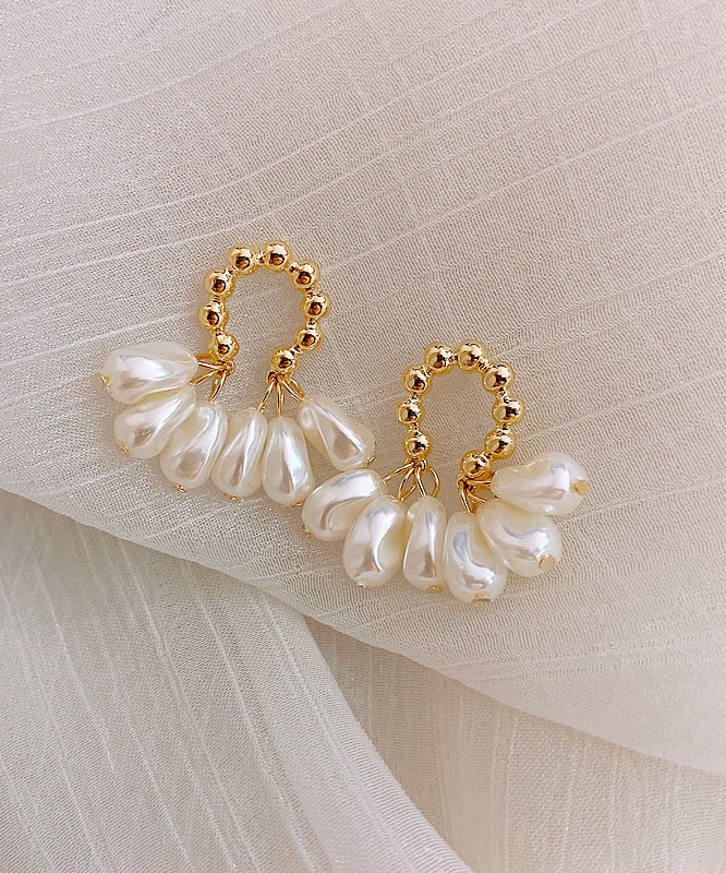 Casual Champagne Alloy Pearl Hoop Earrings