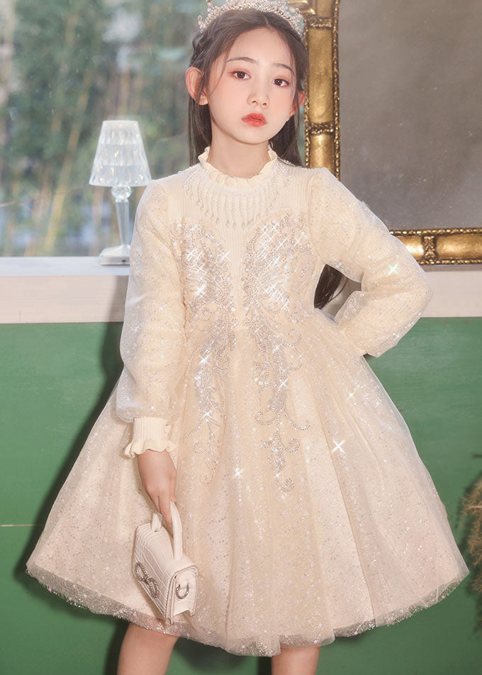 Casual Champagne Stand Collar Nail Bead Tulle Kids Long Dress Fall