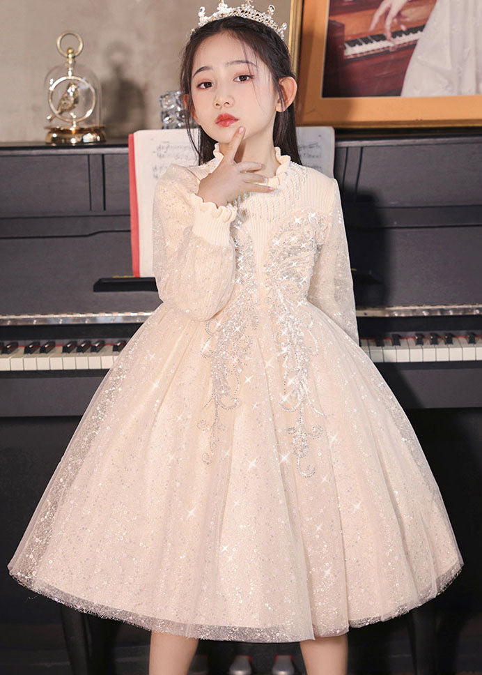 Casual Champagne Stand Collar Nail Bead Tulle Kids Long Dress Fall