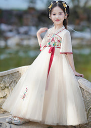 Casual Champagne V Neck Embroideried Patchwork Tie Waist Tulle Girls Long Dresses Summer