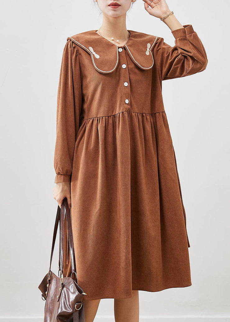 Casual Chocolate Oversized Butterfly Collar Corduroy Party Dress Fall