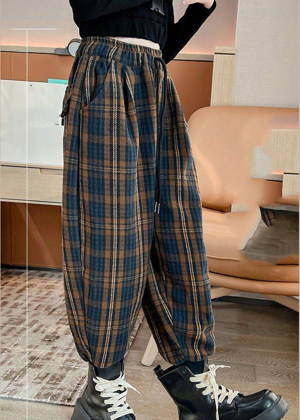 Casual Chocolate Colour Elastic Waist  Pockets Striped Beam Pants Fall