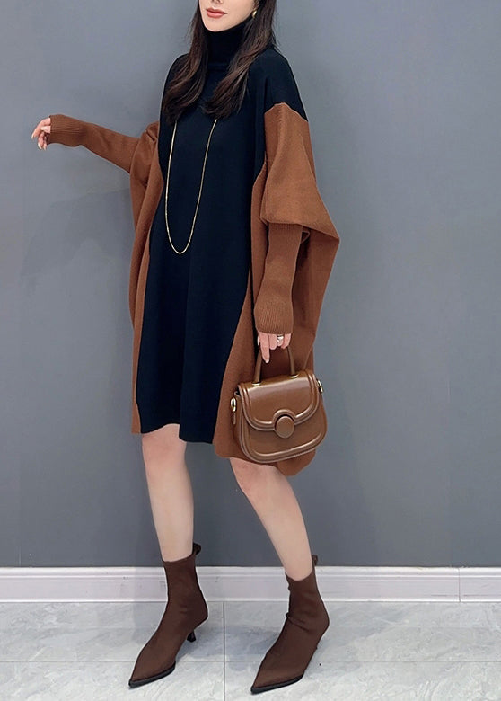 Casual Coffee Hign Neck Patchwork Cotton Mid Dress Batwing Sleeve