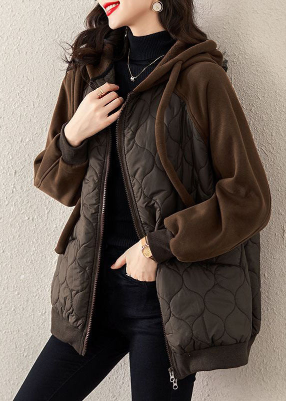 Casual Chocolate Hooded Drawstring Patchwork Fine Cotton Filled Witner Coat