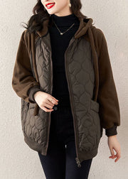 Casual Chocolate Hooded Drawstring Patchwork Fine Cotton Filled Witner Coat